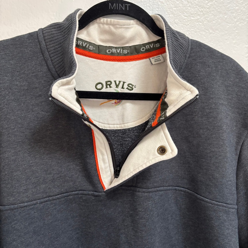 Orvis Mens‎ XXL Charcoal Gray Quarter Zip Pullover Fly Fishing Logo Sweatshirt